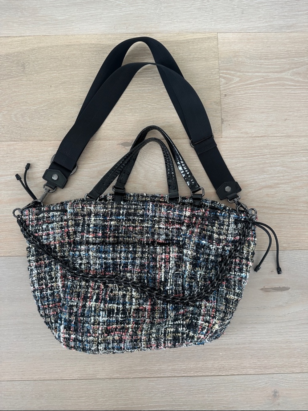 MZ Wallace Metro Tweed Tote with Black Straps and chain